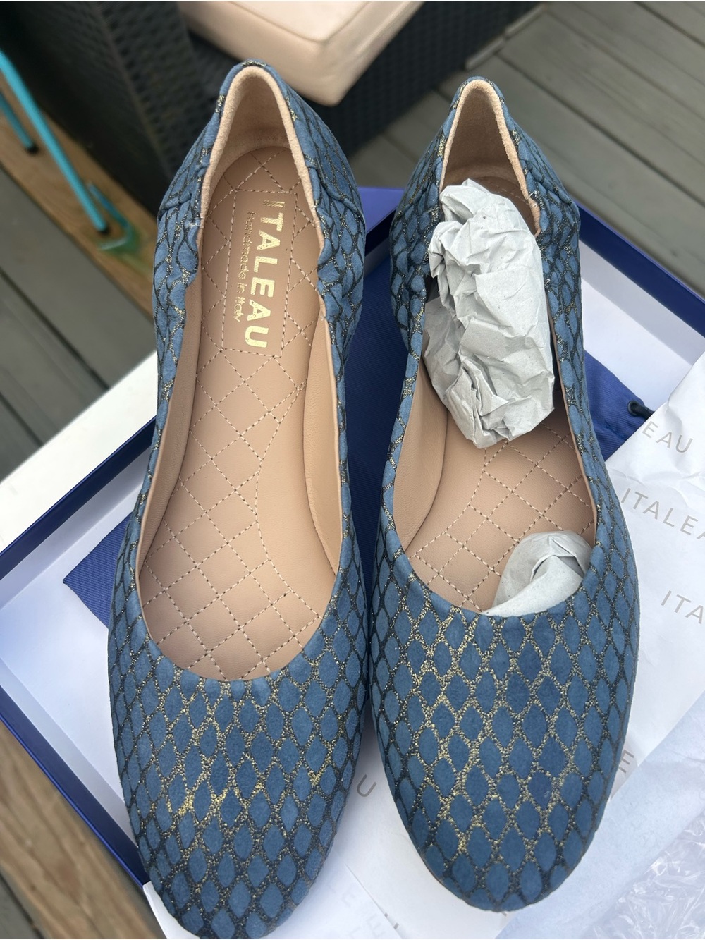 Italeau Blue Quilted Slip-On Flats with Gold Lattice Detail